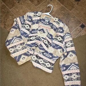 Southwestern Pattern Cropped Knit Blazer in Navy, Cream & Pink